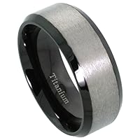 8mm Black Titanium Wedding Band Two-Tone Ring Brushed Center Beveled Edges Comfort Fit Sizes 7-14