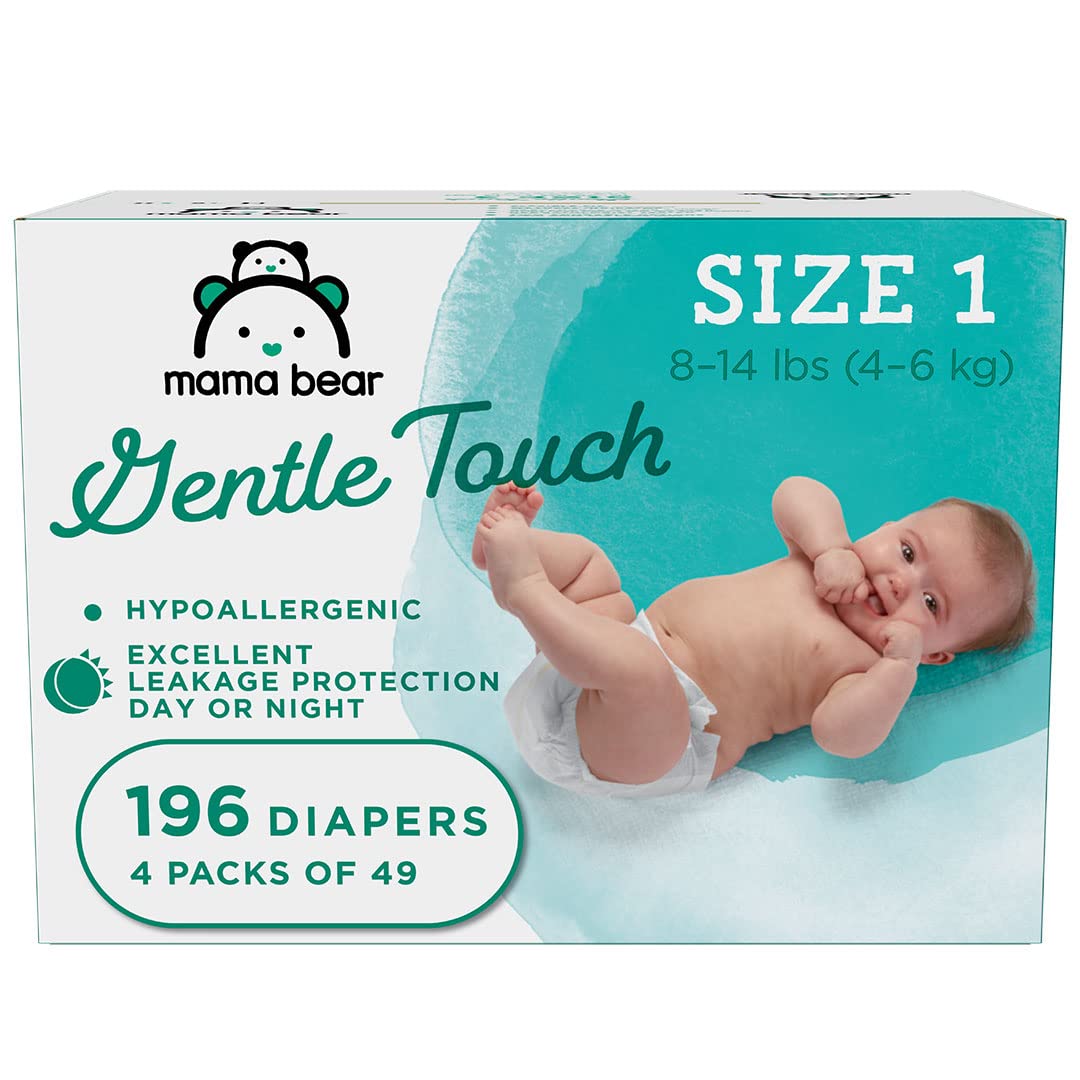 Amazon Brand - Mama Bear Gentle Touch Diapers, Hypoallergenic, Size 1, 196 Count (4 packs of 49), White