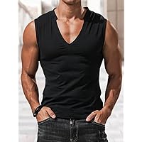 Men's T-Shirts Men Solid Notched Neck Tank Top (Color : Black, Size : Medium)
