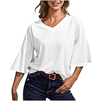 Womens Tops Dressy Casual Fashion Solid Color Bell Sleeve Summer Loose Short Sleeve V-Neck Pullover Blouses Tee Shirt