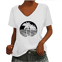 Beach Shirts for Women Hawaiian Tropical Palm Tree Graphic Tees Summer Vintage Short Sleeve V Neck T-Shirt Tops