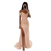Xijun Mermaid Sequin Prom Dresses Long with Slit Women Off Shoulder V Neck Formal Evening Party Gown