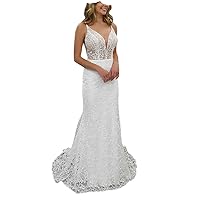Tsbridal Women V Neck Full Lace Beach Wedding Dress for Bride Boho White Bridal Gown