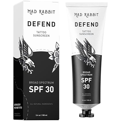 Mad Rabbit Defend Tattoo Sunscreen- SPF 30 100mL Tube- All-Natural Mineral Sunscreen Lotion - Tattoo Fade Protection and Moisturizer, Anti-Aging Formula