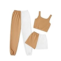 Verdusa Girl's 3 Piece Outfits Sweatsuits Colorblock Crop Tank Top Shorts and Sweatpants