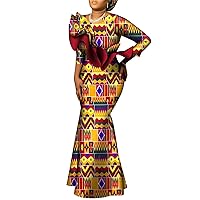 African Maxi Bazin Riche Cotton Print Wax Long Dresses for Women Nine Quarter Sleeves Plus Size WY9492