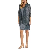 R&M Richards Womens Metallic Crinkled Dress with Jacket