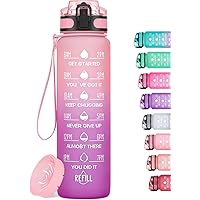 32oz Motivational Water Bottle with Time Marker & Fruit Strainer, Leak-proof BPA Free Non-Toxic Bottle with Carrying Strap, Perfect for Fitness, Gym and Outdoor Sports