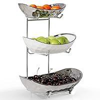 Fruit Bowl, 3 Tier Ceramic Fruit Basket, Serving Stand Serving Bowl with Metal Rack, Porcelain Kitchen Bowls for Fruit and Vegetable Storage Snack Nuts Dessert Cake Tray for Party Wedding