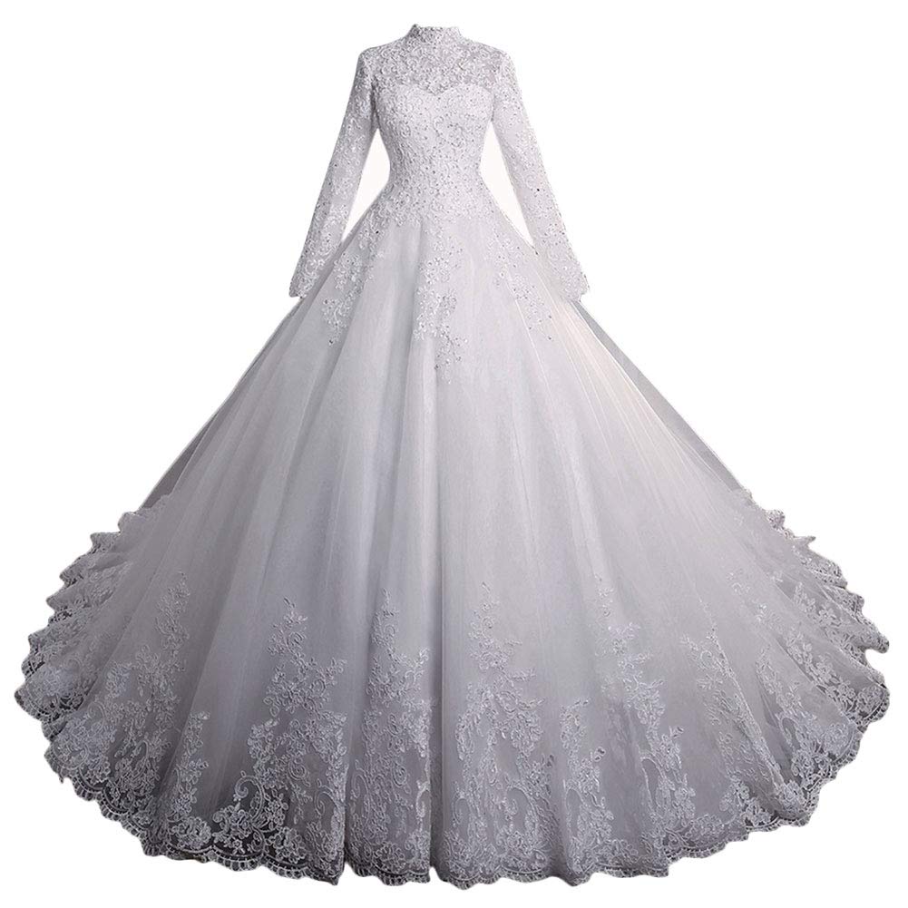 Ever-Beauty Women's White Lace Wedding Dress Long Sleeve Vintage Bridal Gowns