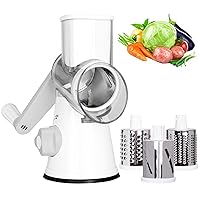 Rotary Cheese Grater, Manual Cheese Grater with Handle, Mandoline Vegetables Slicer Cheese Shredder with Strong Suction Base, 3 Drum Blades Cheese Shredder Included, White