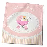 3dRose Welcome Baby Message and Pink Stroller with Baby Girl on Pink and... - Towels (twl-156672-3)