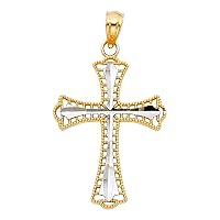 Budded Cross Pendant 14k Yellow & White Gold Solid Beaded Design Charm Two Tone Genuine 25 x 18 mm