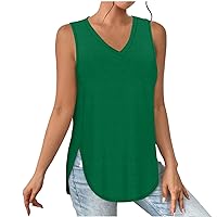 Split Curved Hem Tank Top Women Summer Basic V Neck Sleeveless Shirts Casual Loose Fit Beach Vacation Tunic Blouses
