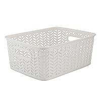 Simplify Small Herringbone Bin Storage Tote Basket Organizer Decorative, Good for Closets, Countertops, Desks, Dressers, Accessories, Cleaning Products, Sports Equipment, Toys, White
