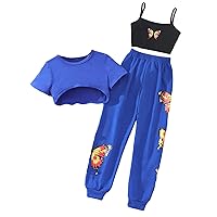 COZYEASE Girls' 3 Piece Butterfly Print Round Neck Short Sleeve Cami Top High Low HemTee Top Sweatpants Set
