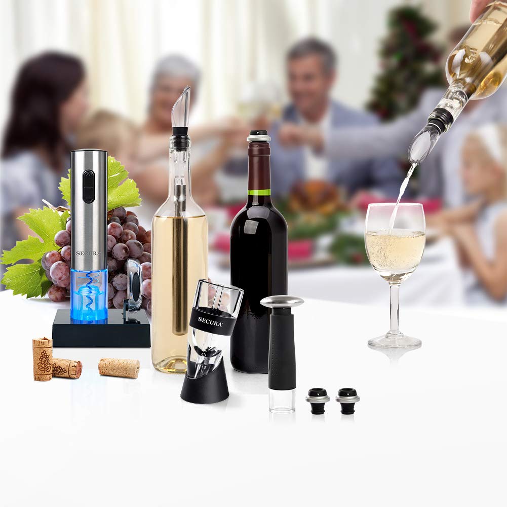 Secura 12-Piece Wine Accessories Set Electric Wine Opener, Wine Foil Cutter, Wine Aerator, Wine Saver Vacuum Pump and 2 Wine Stoppers