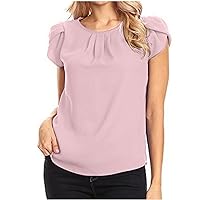 Womens Plus Size Chiffon Tops Dressy Casual Blouses Petal Sleeve Pleated Round Neck Solid Cute Tunic Shirts Summer Tee