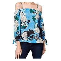 INC Womens Off-The-Shoulder Floral Casual Top Blue M