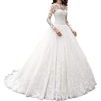 New A line Wedding Dress Long Sleeves Scoop Lace Ball Gown Wedding Dress Bridal Gowns