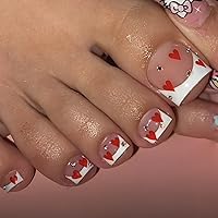 24Pcs Heart Press on Toenails French Tip Fake Nails Valentines Nails with White French Tips Heart Design Valentines Day French Heart Full Cover Toenail Tips Stick on Nails for Women and Girls