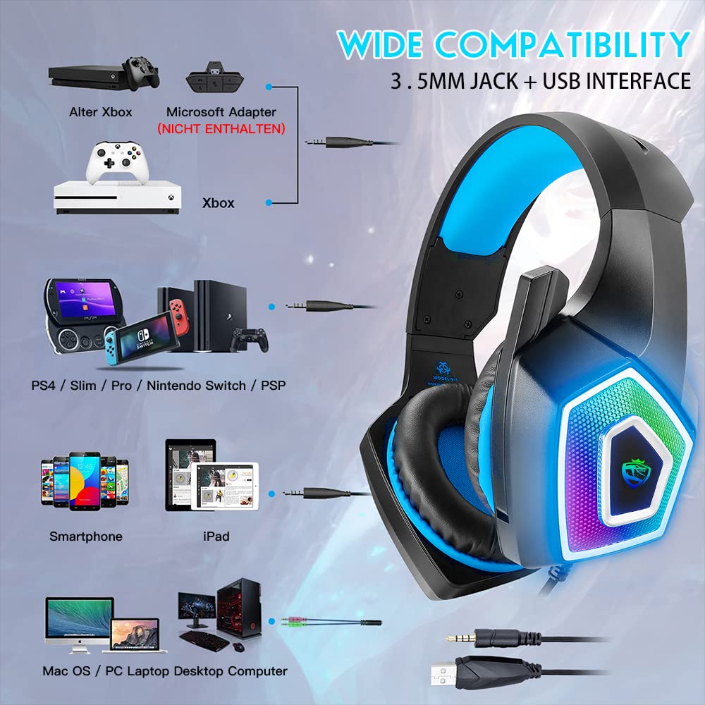 ARKARTECH Gaming Headset with Mic for Xbox One PS4 PS5 PC Switch Tablet, with Stereo Surround Sound & LED Light Noise Cancelling Over Ear Headphones