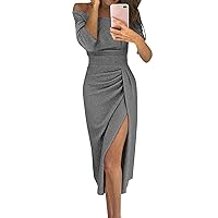 Wedding Guest Dresses for Women Off Shoulder Bodycon Dresses Long Sleeve Ruched Slit Glitter Ball Gown Cocktail Party Evening Maxi Dress