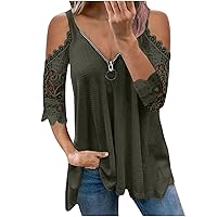 Womens Cold Shoulder Lace 3/4 Sleeve Top Crochet Zip V Neck Shirts Dreesy Casual Blouse Tunic Plus Size M-5XL