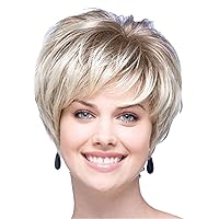 Andongnywell Natural Wigs Short Fluffy Short Pixie Cut Layered Wig with Bangs Brown Mix Blonde Wig Short
