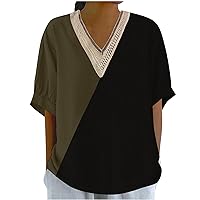 Women Color Block Cotton Linen Shirts Fashion Guipure Lace V Neck Short Sleeve Tee Tops Summer Casual Loose Blouses