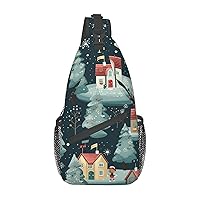 Sling Backpack,Travel Hiking Daypack Warm Christmas House Print Rope Crossbody Shoulder Bag