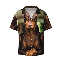 Funny Doberman Men's Summer Short-Sleeved Shirts, Casual Shirts, Loose Fit with Pockets
