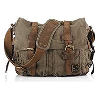 Sechunk Vintage Military Leather Canvas Laptop Bag Messenger Bags Medium