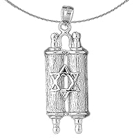 Gold Scroll Necklace | 14K White Gold Jewish Torah Scroll with Star Pendant with 18