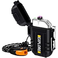 LcFun Electric Lighter, Plasma Lighter Waterproof Arc Lighter Windproof USB Lighter Rechargeable with Emergency Whistle for Hiking, Camping, Adventure, Outdoor, Survival, Tactical, EDC Gear (Black)