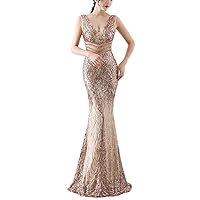Women Sexy Elegant Slim Sequin Mermaid Cocktail Party Dresses V-Neck Evening Long Prom Dress