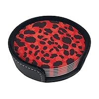 Red Leopard Pattern Print Leather Coaster Set of 6 Pieces,with Holder Round Heat-Resistant Drinks Coffee Decorative Coaster for Living Room Kitchen,4 in