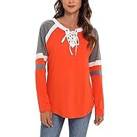 Famulily Women's Lace Up Front Long Sleeve Tops Striped Crew Neck Raglan Baseball Tee Shirt
