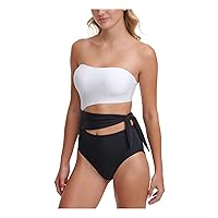 DKNY Women's White Color Block Stretch Convertible Lined Moderate Coverage Cutout Bandeau One Piece Swimsuit 10