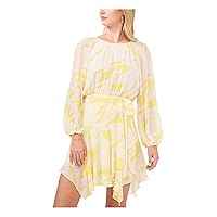 Vince Camuto Womens Yellow Pleated Belted Handkerchief Hem Lined Printed Pouf Sleeve Round Neck Above The Knee Party Fit + Flare Dress S