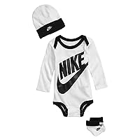 Nike Baby Long Sleeve Bodysuit, Hat and Booties 3 Piece Set (White(MN0134-001)/B, 6-12 Months)