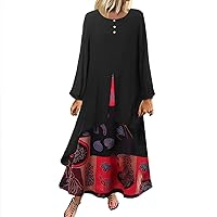 Long Dresses for Women Casual Plus Size Floral Boho Linen Dress Vintage Long Sleeve Flowy Maxi Dress 2024 Beach Party