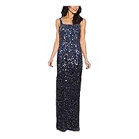 Adrianna Papell Womens Navy Stretch Sequined Zippered Slitted Lined Sleeveless Square Neck Full-Length Formal Gown Dress 0