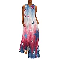 YZHM Womens Independence Day Dress Printed Maxi Dress with Pockets 4th of July Long Dress Patriotic Summer Casual Dress