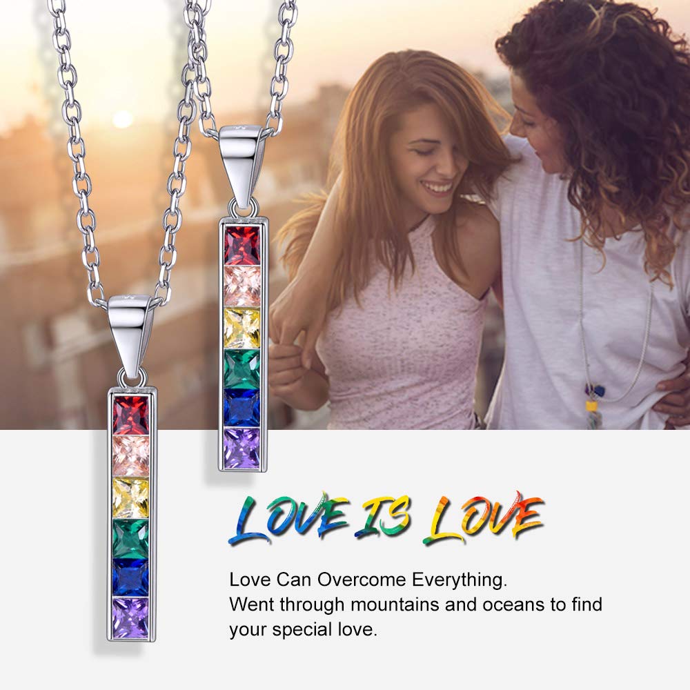 Suplight Hypoallergenic 925 Sterling Silver/Stainless Steel LGBT Bar/Dog Tag/Bead Pendant Necklace, Custom Engraved Rainbow Flag Lesbian Gay Pride Jewelry for Men Women with Gift Box