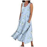 Maxi Dress for Women Floral Print Sleeveless Casual Dresses with Pockets Beach Cotton Linen Round Neck Long Dress