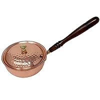 Devyom HandicraftsCopper Cookware Pot with Wooden Handles and Lid Indian Kitchen Utensil Hand Hammered Capacity 1150 Ml