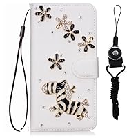 Sparkly Leather Wallet Phone Case with 2 Pack Glass Screen Protector and Lanyard, Bling Diamonds Flip Women Cover (Black Flowers Zebra,for Samsung Galaxy Xcover 6 Pro)