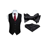 HISDERN Black Suit Vests and Black Bow Ties Pocket Square Sets for Men Wedding Formal Business