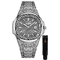 Retro Watches for Men Quartz Watches Tattoo Pattern Carved Stainless Steel Bracelet Waterproof Wrist Watch